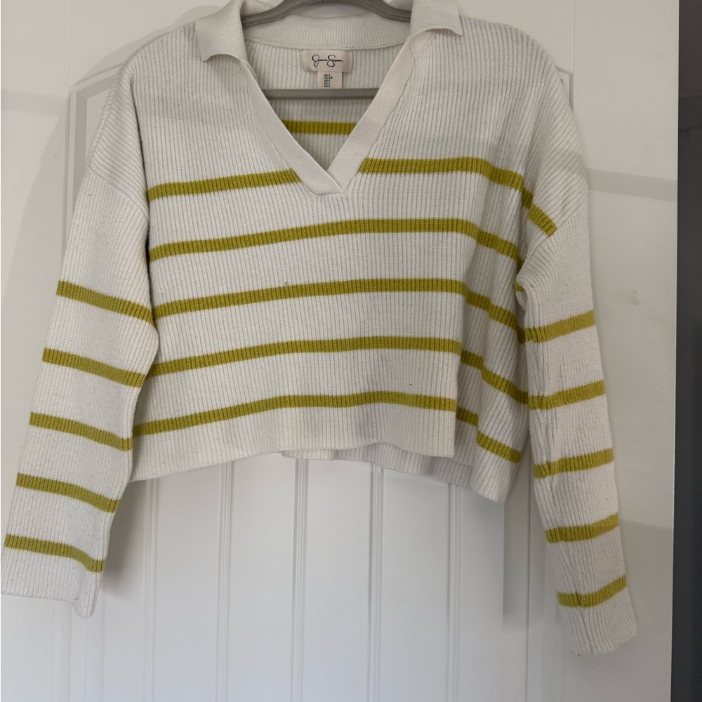 Jessica Simpson White Sweater with Chartreuse Stripe